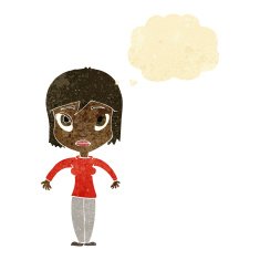 cartoon woman shrugging shoulders with thought bubble N26