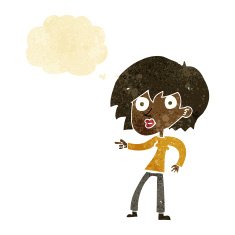 cartoon surprised woman pointing with thought bubble
