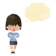 cartoon woman making Who Me? gesture with thought bubble N2