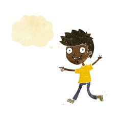 cartoon crazy excited boy with thought bubble