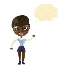 cartoon woman waving with thought bubble N31