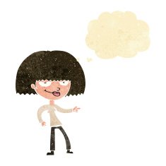 cartoon happy woman pointing with thought bubble N6