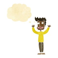 cartoon stressed man with thought bubble