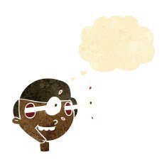 cartoon excited boy's face with thought bubble