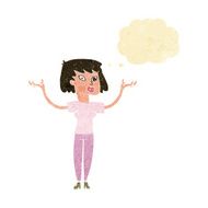 cartoon woman holding up hands with thought bubble N2