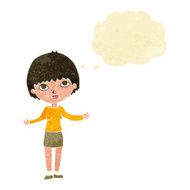 cartoon woman shrugging with thought bubble N6