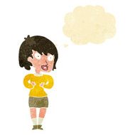 cartoon woman making Who Me? gesture with thought bubble N5