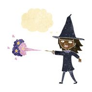 cartoon witch girl casting spell with thought bubble