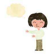 cartoon woman gesturing welcome with thought bubble N2