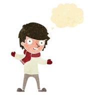 cartoon boy in winter clothes with thought bubble N2