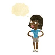 cartoon happy woman with hands on hips thought bubble
