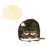 cartoon woman holding knife between teeth with thought bubble