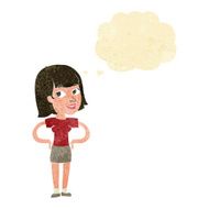 cartoon happy woman with hands on hips thought bubble N2