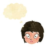 cartoon surprised female face with thought bubble N9