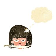 cartoon woman holding knife between teeth with thought bubble N2