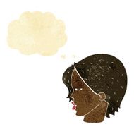 cartoon female face with narrowed eyes thought bubble