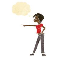 cartoon hip woman pointing with thought bubble