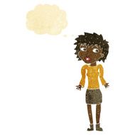 cartoon woman shrugging shoulders with thought bubble N31