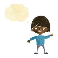 cartoon waving boy with thought bubble