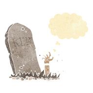 cartoon zombie rising from grave with thought bubble