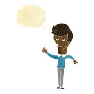 cartoon bored man waving with thought bubble