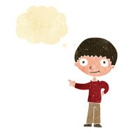 cartoon happy boy pointing with thought bubble N2