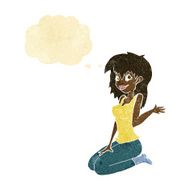 cartoon pretty girl waving with thought bubble N2