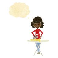 cartoon woman ironing with thought bubble