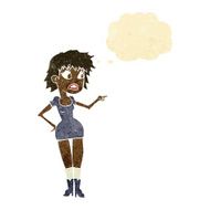 cartoon worried woman in dress pointing with thought bubble