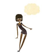 cartoon woman in dress leaning with thought bubble