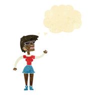 cartoon woman in spectacles waving with thought bubble