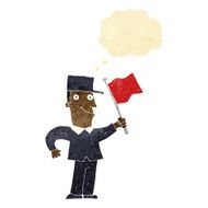 cartoon man waving flag with thought bubble