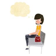 cartoon woman sitting on bench with thought bubble N2