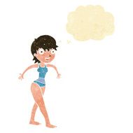 cartoon happy woman in swimming costume with thought bubble
