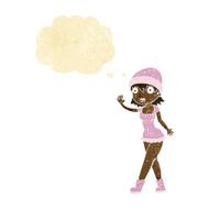 cartoon pretty girl in hat waving with thought bubble N2