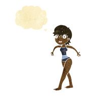 cartoon happy woman in swimming costume with thought bubble N2