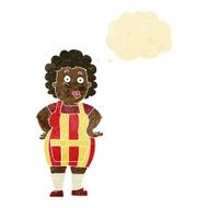 cartoon woman in kitchen apron with thought bubble N2
