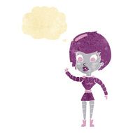 cartoon robot woman waving with thought bubble