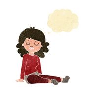 cartoon happy woman sitting on floor with thought bubble N2