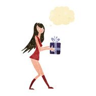 cartoon fashion girl with present thought bubble