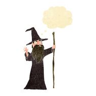 cartoon old wizard with thought bubble