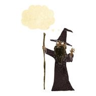 cartoon spooky wizard with thought bubble