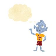 cartoon waving fish boy with thought bubble N2