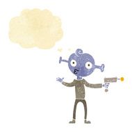 cartoon alien with ray gun thought bubble N2