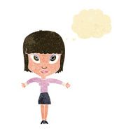 cartoon woman shrugging with thought bubble N10