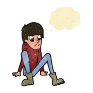 cartoon boy sitting on floor with thought bubble