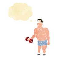 cartoon man lifting weights with thought bubble