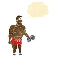 cartoon man lifting weights with thought bubble N2