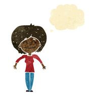 cartoon woman shrugging shoulders with thought bubble N37