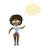 cartoon waving woman wearing spectacles with thought bubble
